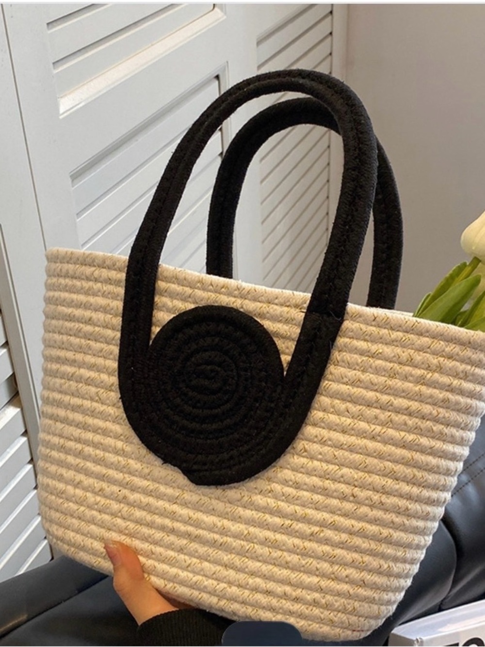 Woven Rope Tote Bag with Black Handles and Accent